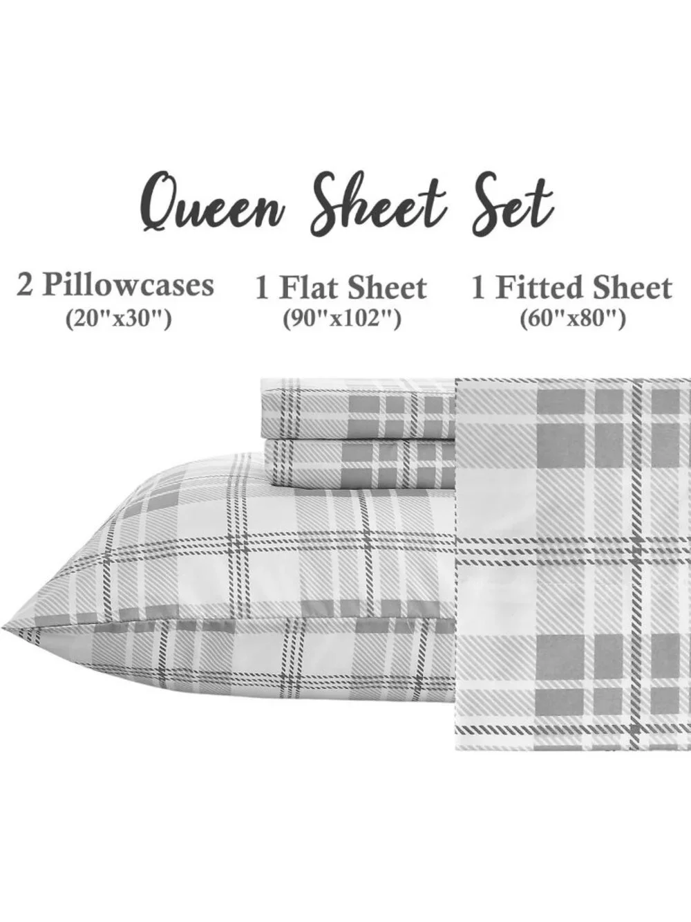 Cozy Plaid Queen Sheet Set, 4-Piece Ultra Soft Cooling Bedding, 16